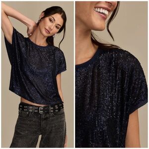 Lucky Brand Sequin Cap Sleeve Tee in Moonlit Ocean Blue Size M NWT